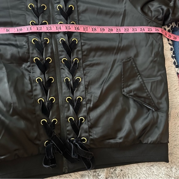 Lane Bryant Black Satin Bomber Jacket W/Velvet Lace Up Front Detail Size 18/20 - Picture 13 of 15